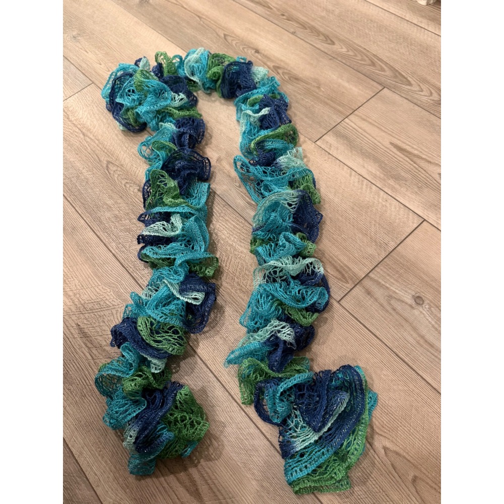Y2K Blue‎ Green Ruffle Scarf Lightweight Mesh Knit Spiral Colorful Accessory